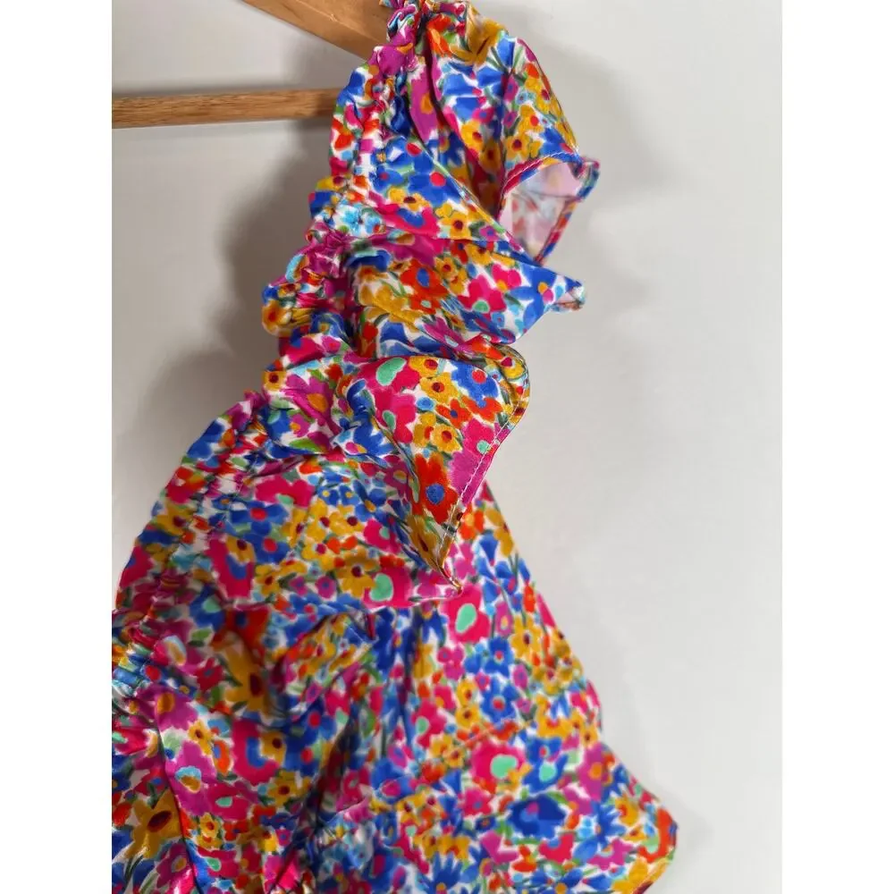 For Love & Lemons Sasha Floral Cropped Top In Blue Multi Size L Tie Front Flirty - Picture 7 of 10